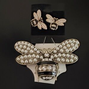 Pearl-Studded Bee Brooch and Earring Set